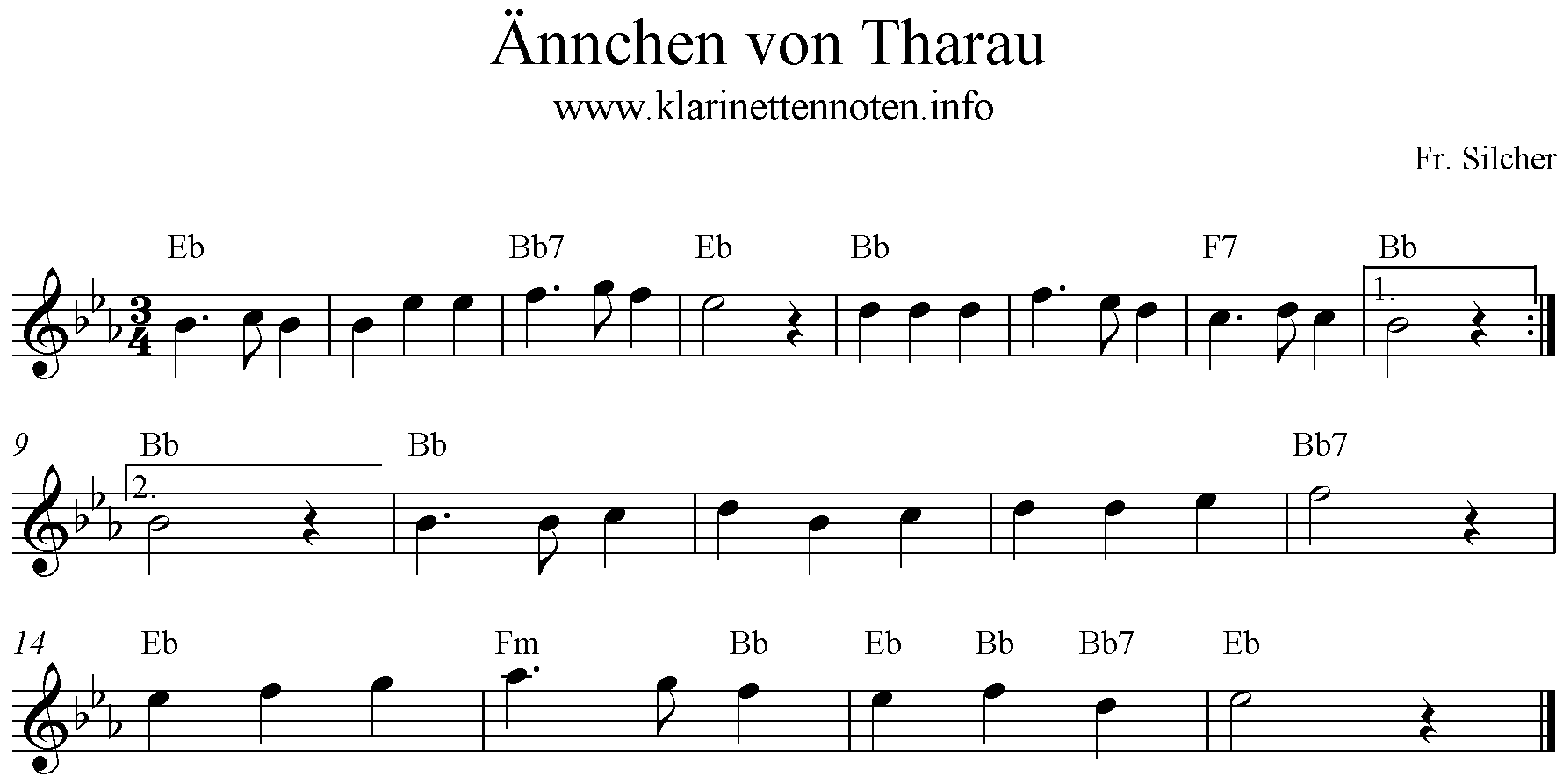 Ännchen von Tharau, Es-Dur hoch, Noten 